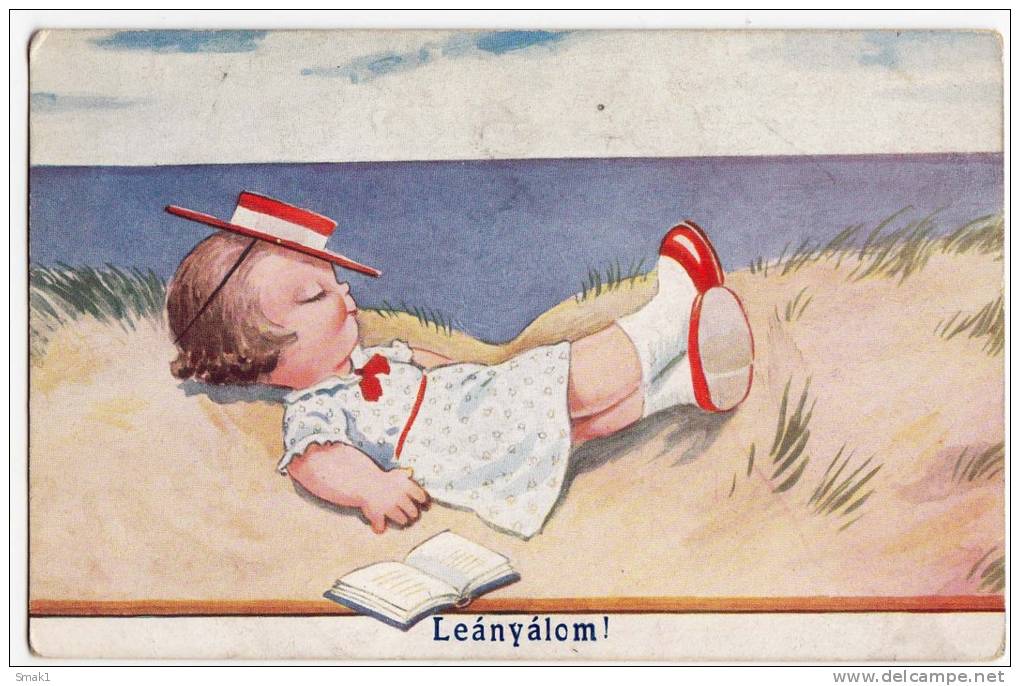 P CHILDREN A GIRL SLEPT ON A BEACH WITH HER BOOK WSBS  Nr. 7571/1 OLD POSTCARD - Other & Unclassified