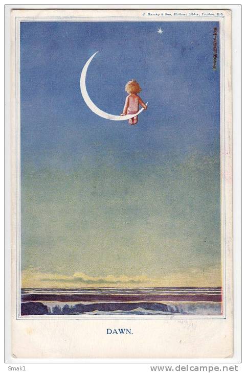 P CHILDREN BABY SITTING ON A MOON DAWN OLD POSTCARD - Other & Unclassified