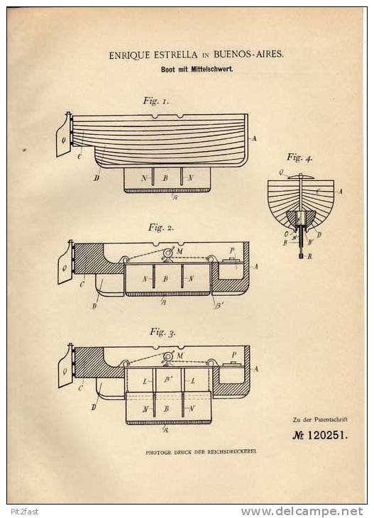 Original Patentschrift - E. Estrella In Buenos Aires , 1900 , Boot Mit Mittelschwert !!! - Other & Unclassified