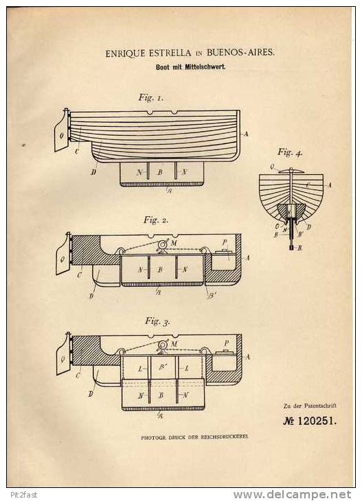 Original Patentschrift - E. Estrella In Buenos Aires , 1900 , Boot Mit Mittelschwert !!! - Altri & Non Classificati