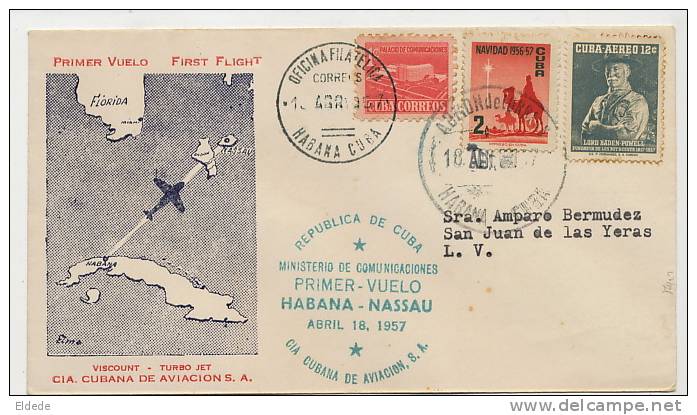 FDC 1er Jour Primer Vuelo Habana Nassau Abril 18, 1957, Viscount  Cubana De Aviacion - Autres & Non Classés