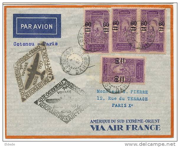 1er Jour FDC Premier Vol Cotonou Paris Air France Aeromaritime  Mars 1937 First Day Cover - Autres & Non Classés