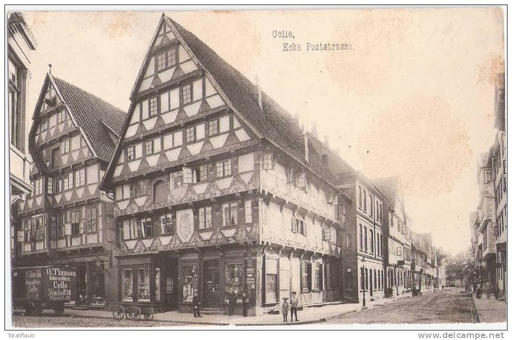 Celle Ecke Poststrasse Belebt Wagen No. 30 W Thiemann Bahnspediteur Emailschilder 1906 - Celle