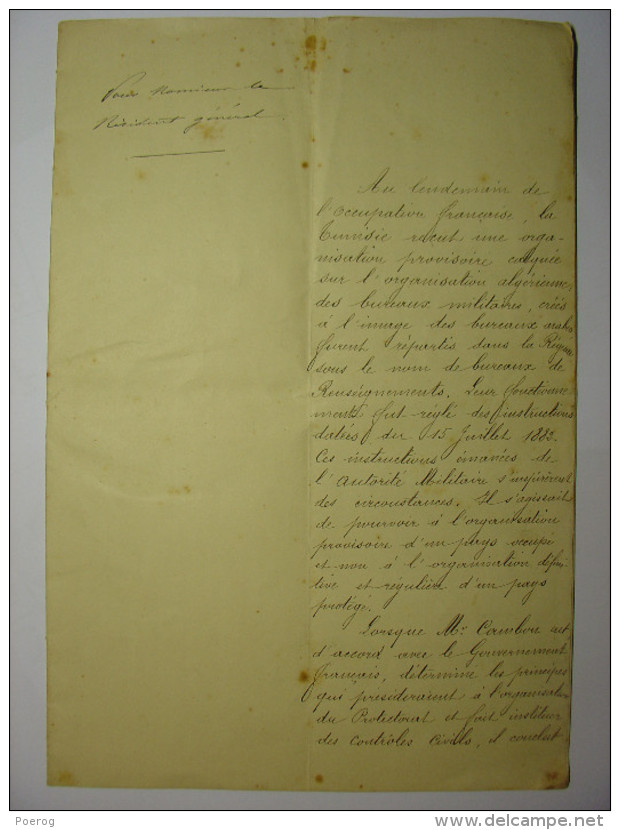 EXCEPTIONNEL RARE - RAPPORT MANUSCRIT DE 1894 ADRESSE AU RESIDENT GENERAL DE TUNIS TUNISIE - FRANCE TUNISIE ALGERIE - Manuscripts