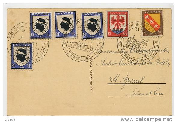 Centenaire Chemin De Fer Strasbourg Bale 1946 Train  Cachets 6 Timbres Vers Le Breuil 71 - Bâle