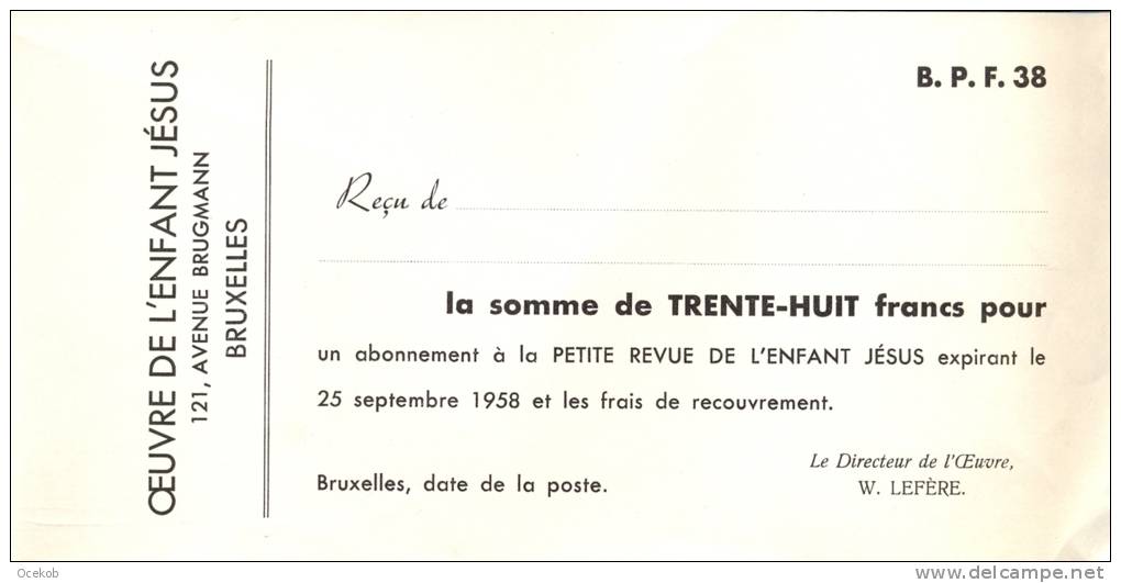 Wissel - Reçu - Oeuvre De L' Enfant Jésus - Petit Revue - 25 Sept. 1958 - Lettres De Change