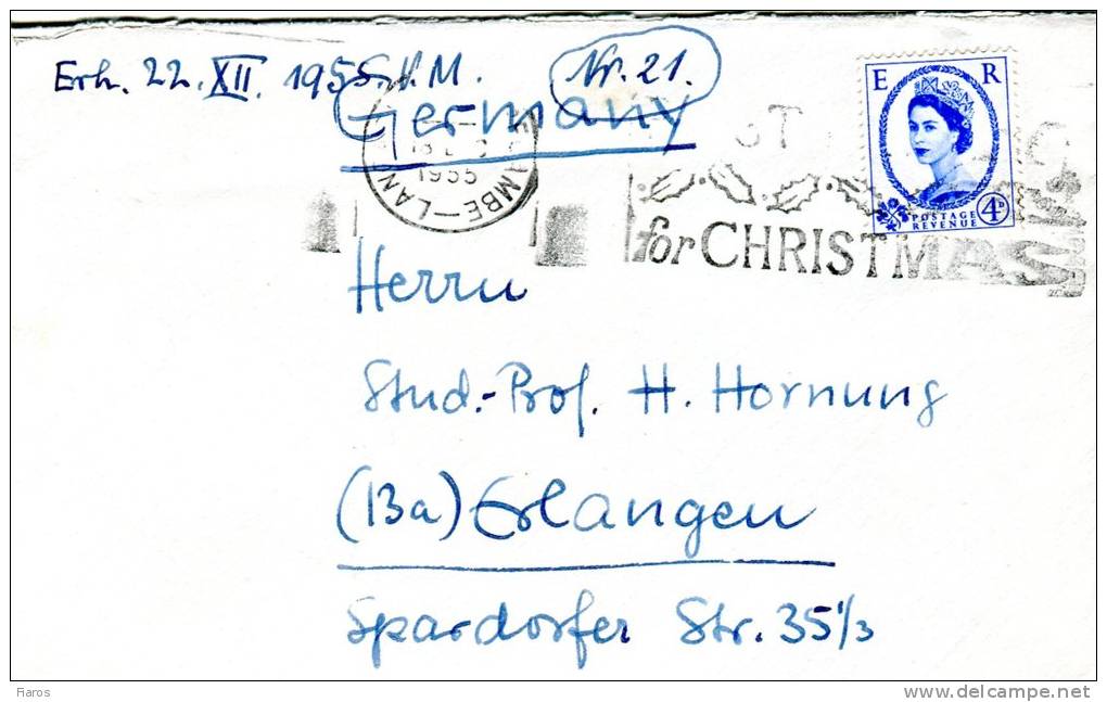 Great Britain- Cover Posted From Low Bentham Via Lancaster [13.12.1955] To Erlangen Bavaria-Germany (w/ Mechanical Pmrk) - Lettres & Documents