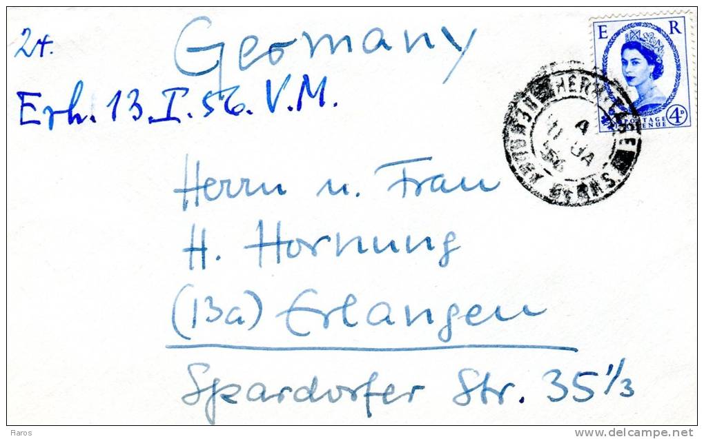 Great Britain- Cover Posted From Hermitage-Newbury Berkshire/ England [11.1.1956] To Erlangen-Bavaria/ Germany - Covers & Documents