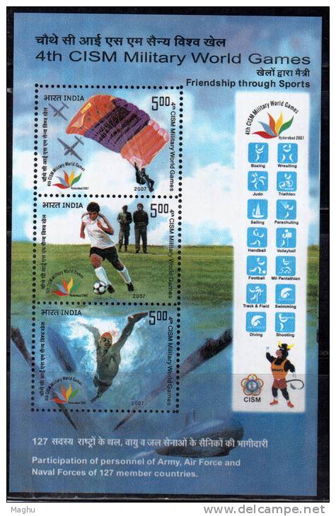 India Miniature MNH 2007, CISM Military World Games, Sport, Parachute, Football, Swimming - Parachutting