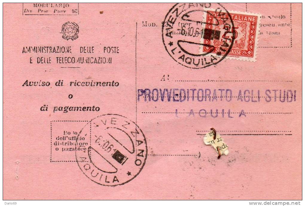 1961  CARTOLINA  AVVISO DI RICEVIMENTO CON ANNULLO AVEZZANO AQUILA - Portomarken