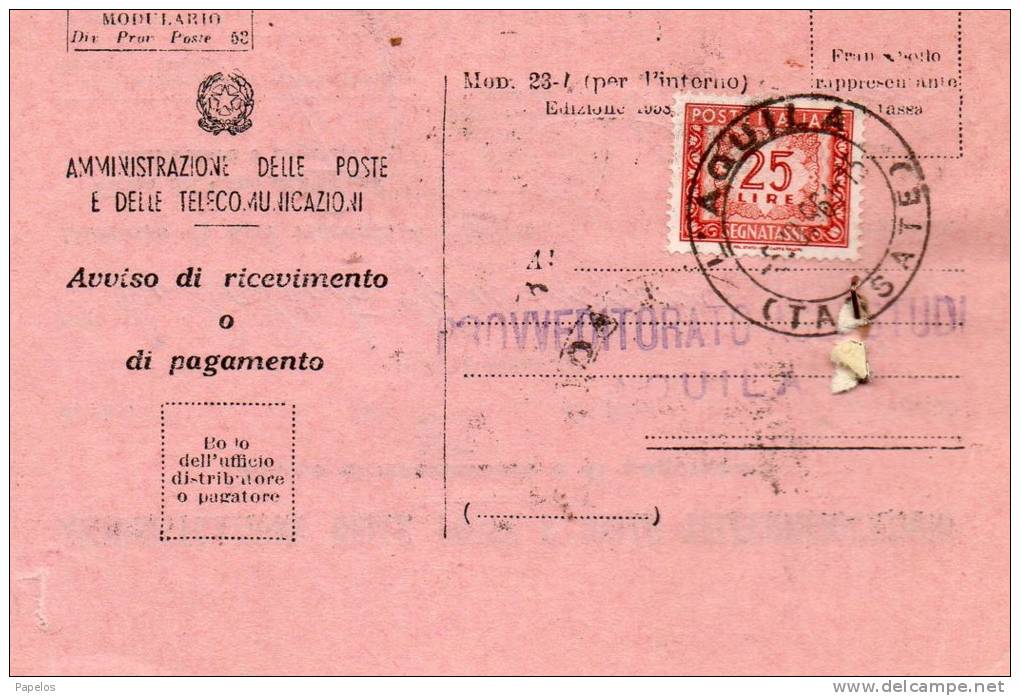 1961   CARTOLINA  AVVISO DI RICEVIMENTO CON ANNULLO  L' AQUILA - Portomarken