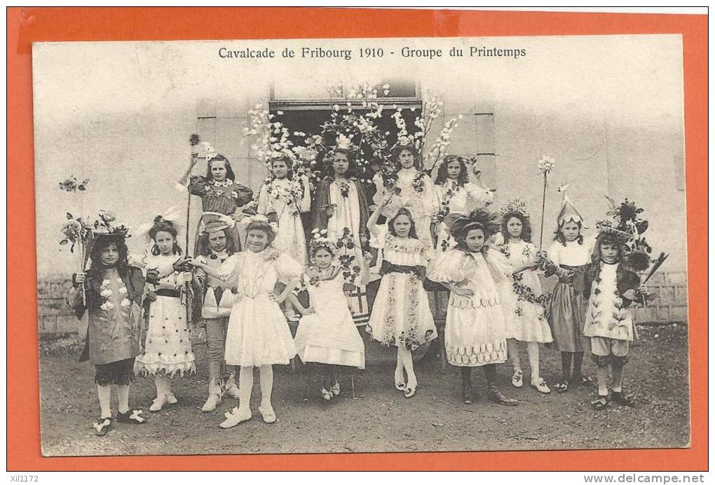 Q0205 Cavalcade De Fribourg 1910, Groupe Du Printemps.Circulé,timbre Manque.Audergon - Fribourg