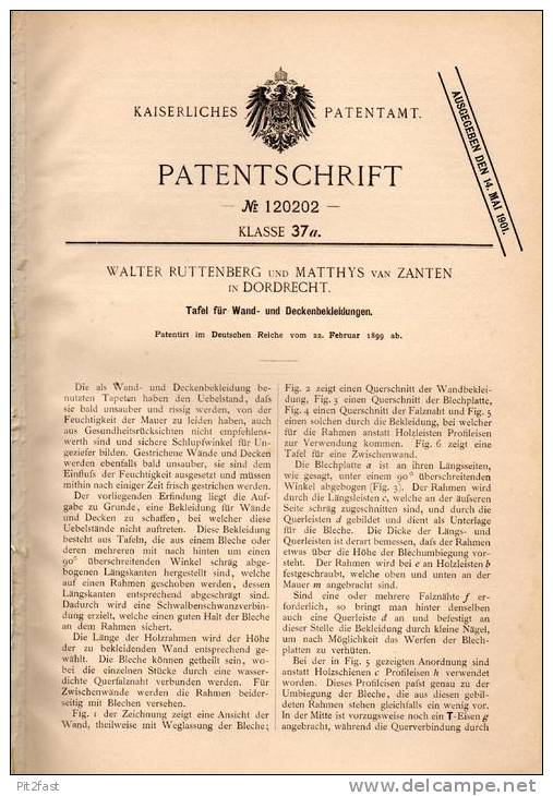 Original Patentschrift - M. Van Zanten In Dordrecht , 1899 , Tafel Für Wand - Und Deckenverkleidung !!! - Architectuur