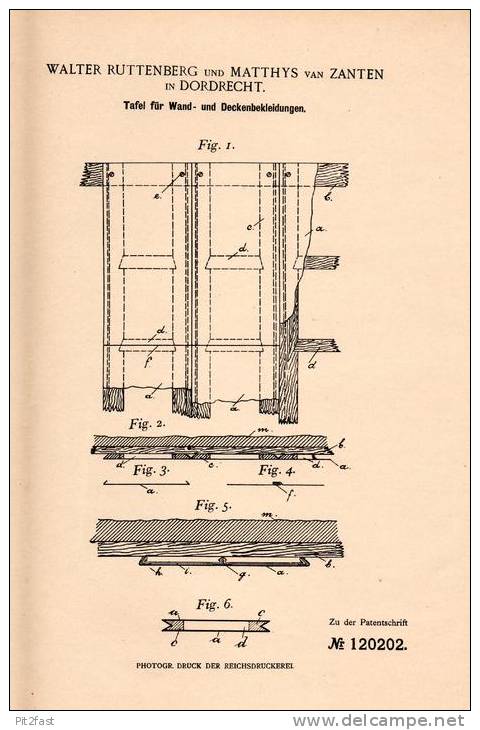 Original Patentschrift - M. Van Zanten In Dordrecht , 1899 , Tafel Für Wand - Und Deckenverkleidung !!! - Architectuur