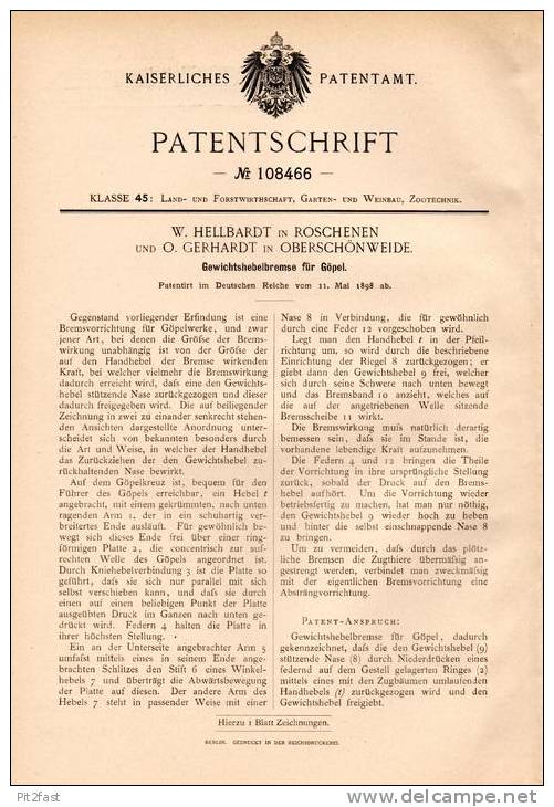 Original Patentschrift - W. Hellbardt In Roschenen Und Oberschönweide , 1898 , Hebelbremse Für Göpel !!! - Documents Historiques