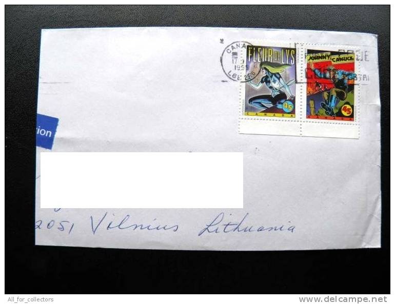 Cover Sent From CANADA To Lithuania, 1995, Superheroes Animation Fleur De Lys Johnny Canuck - Commemorative Covers