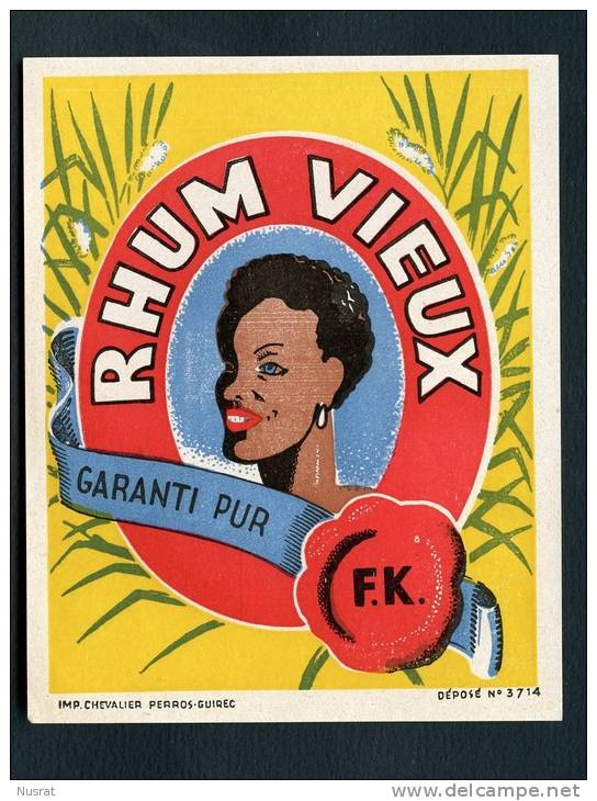 Etiquette Rhum Vieux Garanti Pur F.K.  Imp. Chevalier Perros-Guirec - Rum