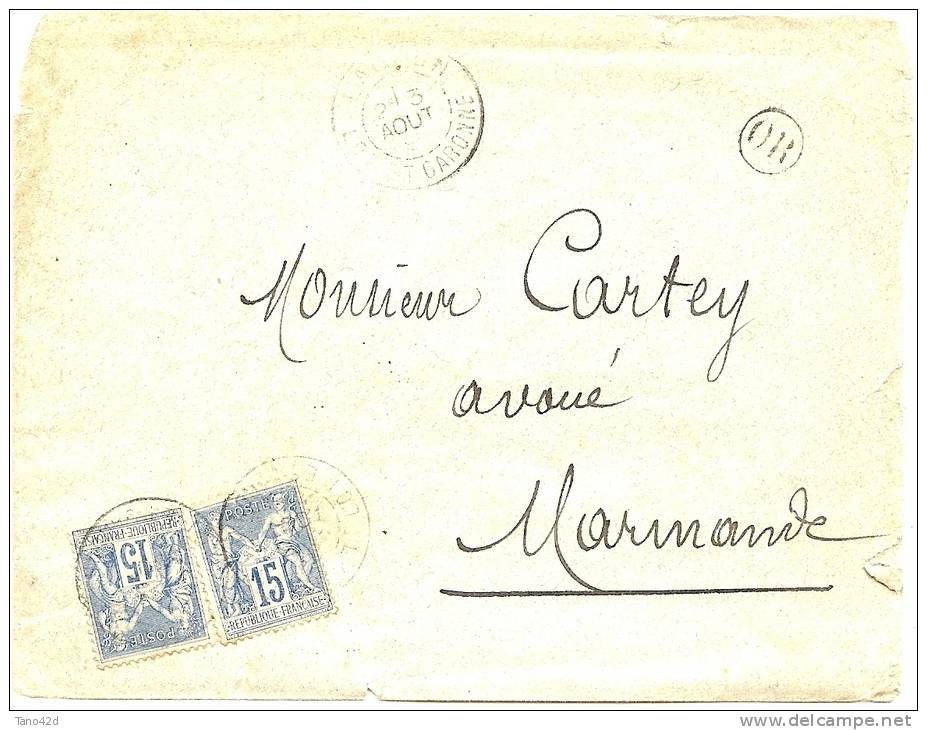 REF LBR34 - FRANCE - SAGE 15c TYPE II  X 2 SUR LETTRE LAUZUN(?) / MARMANDE 3/8/1891 "OR" DANS CERCLE - 1898-1900 Sage (Type III)