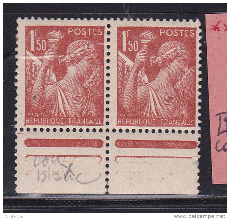 FRANCE N°652 1.50 ROUGE BRUN TYPE IRIS COU CLAIR PAIRE NEUF SANS CHARNIERE - Nuevos