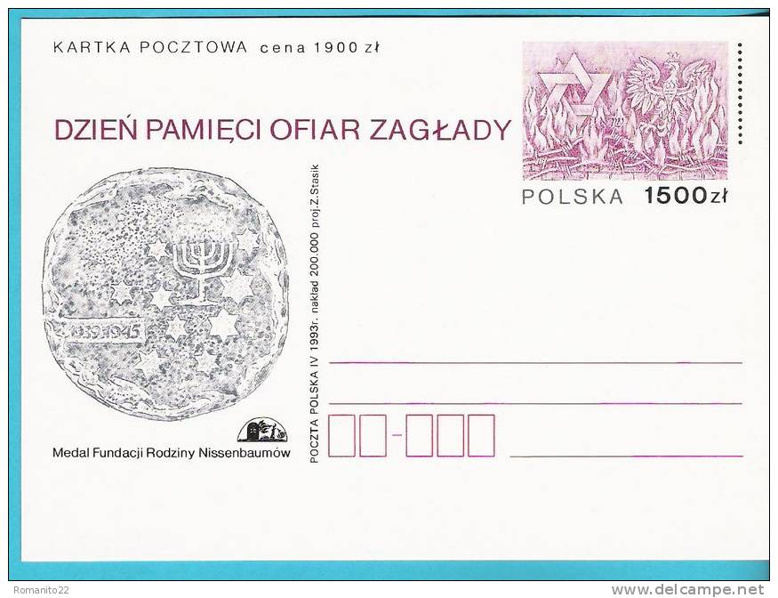 Poland 1993,entire,postcard, Nisselbaum Foundation Fondation Medal Judaica War II , Jewish History, Histoire Des Juifs, - Guerre Mondiale (Seconde)