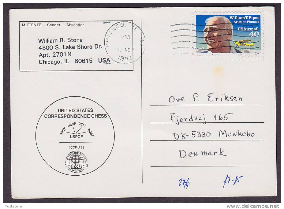 United States CHICAGO 1994 Correspondance Chess Card Fernschach Karte To Denmark W.T. Piper Aviation Pioneer (2 Scans) - Autres & Non Classés