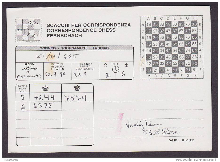 United States CHICAGO 1994 Correspondance Chess Card Fernschach Karte To Denmark W.T. Piper Aviation Pioneer (2 Scans) - Sonstige & Ohne Zuordnung