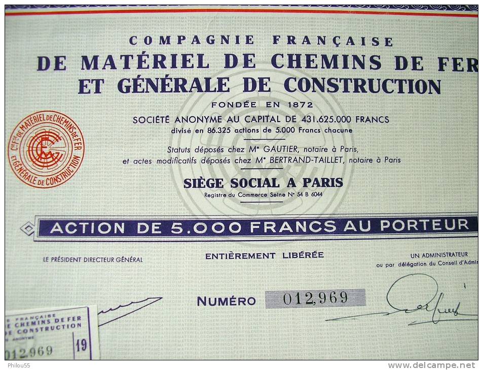 PARIS Action De 5000Frs "COMPAGNIE FRANCAISE DE MATERIEL DE CHEMINS DE FER ET GENERALE DE CONSTUCTION  " - Railway & Tramway