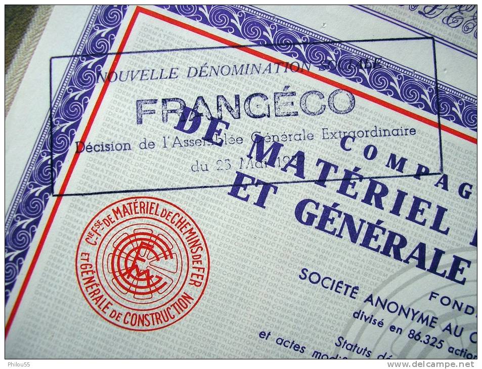 PARIS Action De 5000Frs "COMPAGNIE FRANCAISE DE MATERIEL DE CHEMINS DE FER ET GENERALE DE CONSTUCTION  " Tampon - Chemin De Fer & Tramway