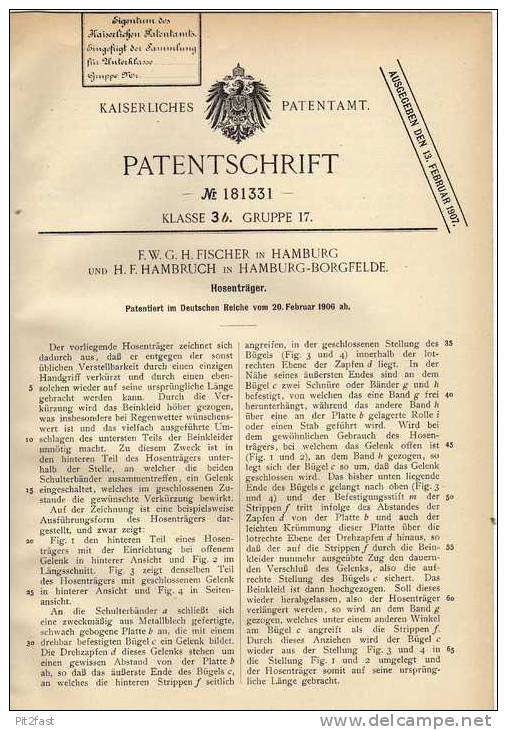 Original Patentschrift - H. Hambruch In Hamburg - Borgfelde , 1906 , Hosenträger !!! - Cinturones & Hebillas