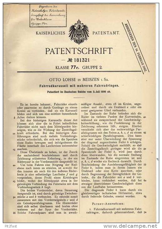 Original Patentschrift - O. Lohse In Meißen I. Sa., 1906 , Fahrrad - Karussell , Jahrmarkt , Kirmes , Rummel !!! - Antikspielzeug
