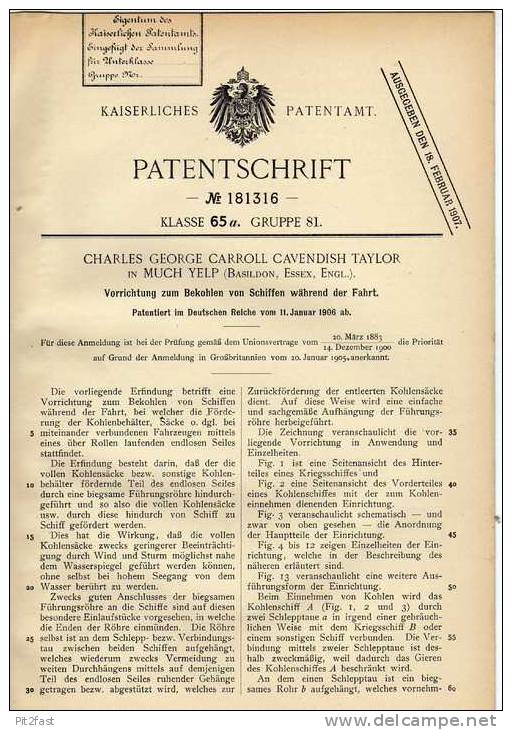 Original Patentschrift - C. Taylor In Much Yelp , Basildon , 1906 , Bekohlen Von Schiffen , Schiff !!! - Altri & Non Classificati