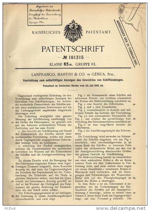 Original Patentschrift - Martini & Co. In Genua , 1905 , Anzeige Des Gewichtes Von Schiffsladungen , Schiff !!! - Other & Unclassified