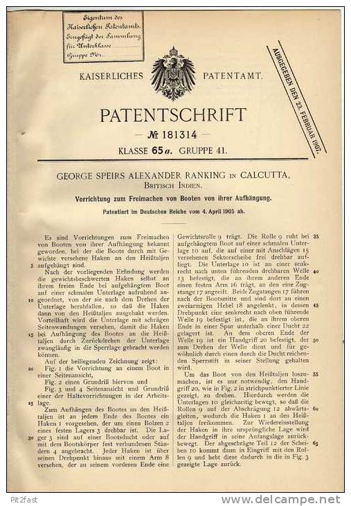 Original Patentschrift - G. Ranking In Calcutta , Britisch Indien , 1905 , Freimachen Von Booten , Boot !!! - Otros & Sin Clasificación