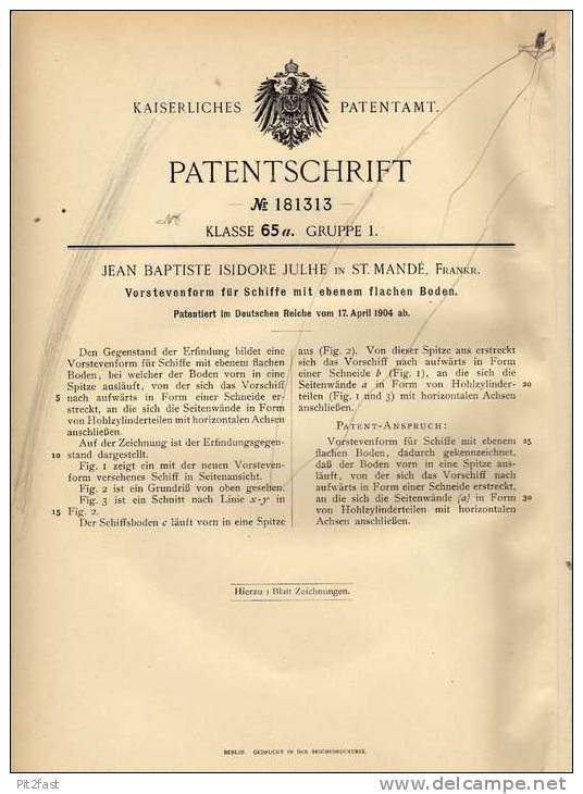 Original Patentschrift - J. Julhe In St. Mandé , 1904 , Vorstevenform Für Schiffe , Schiff !!! - Sonstige & Ohne Zuordnung