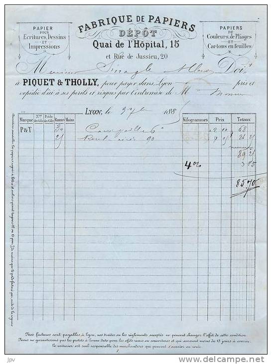 FACTURE LETTRE : LYON . PIQUET &amp; THOLLY . FABRIQUE DE PAPIERS . 1885 . - Imprimerie & Papeterie