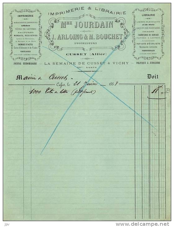 FACTURE LETTRE : CUFSET . J. ARLOING &amp; M. BOUCHET . IMPRIMERIE &amp; LIBRAIRIE . 1888 . - Printing & Stationeries