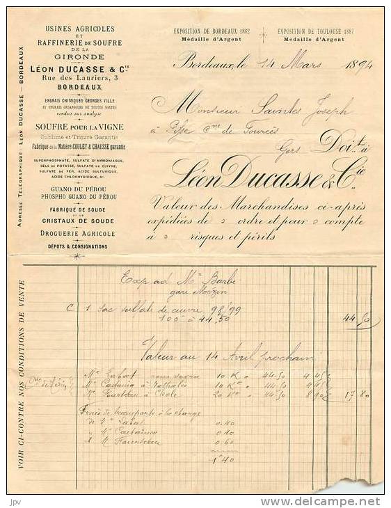 FACTURE LETTRE : BORDEAUX . LEON DUCASSE &amp; CIE . DROGUERIE . 1894 . - Droguerie & Parfumerie