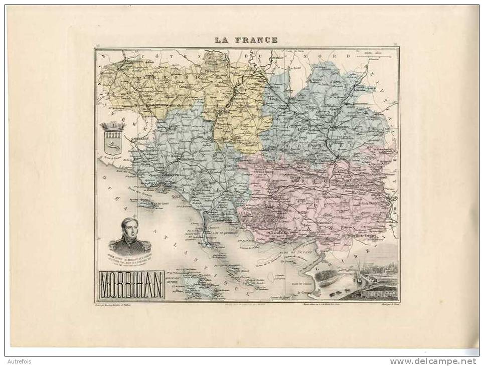 CARTE GEOGRAPHIQUE -  DEPARTEMENT  MORBIHAN -    AUTHENTIQUE GRAVURE VERS 1893 - Estampes & Gravures