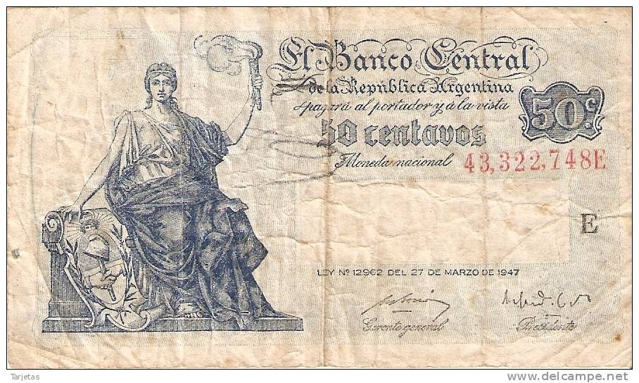 BILLETE DE ARGENTINA DE 50 CENTAVOS DEL AÑO 1947 SERIE E  (BANKNOTE) - Argentine