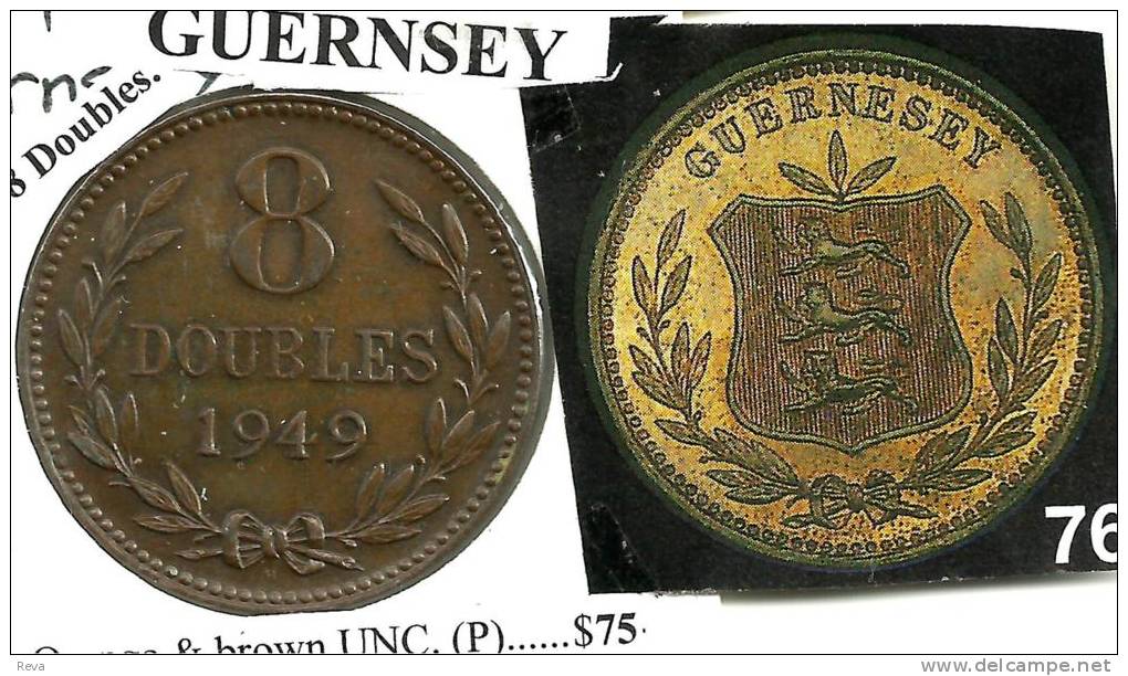 GUERNSEY 8 DOUBLES LEAVES FRONT SHIELD BACK  1949 EF+ KM(?)  READ DESCRIPTION CAREFULLY !!! - Guernesey