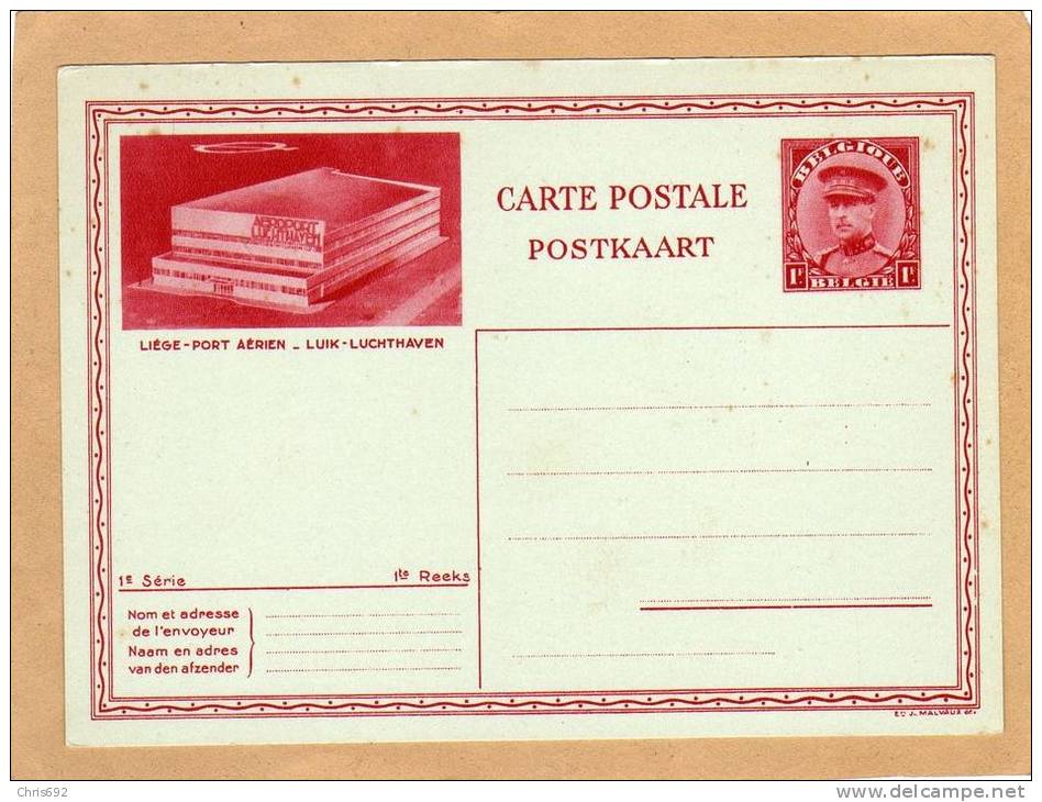 Carte Entier Postal Stationary Ganzsache Card Postcard Belge Liège Port Aérien Luik Luchthaven - Aerodrome