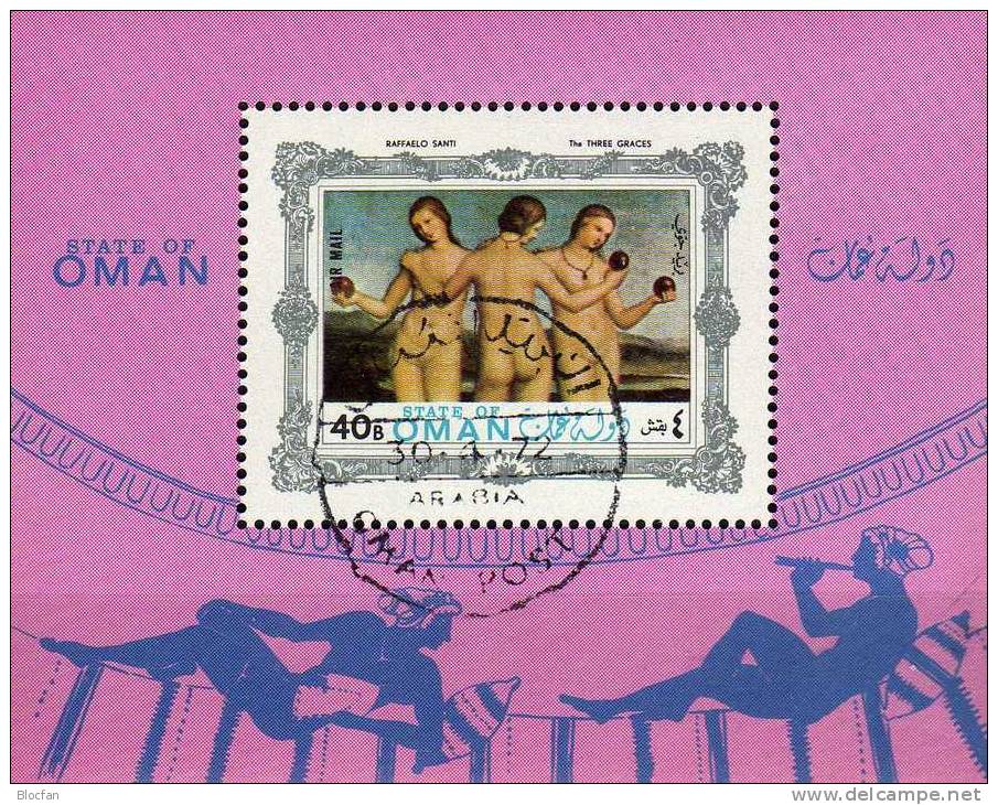 Aktgemälde Raffaelo 1970 VAE Arabien Oman Block 5/70 O 2€ 3 Grazien Kunst Des Maler Raffael Painting Art Sheet Of Arabia - Omán