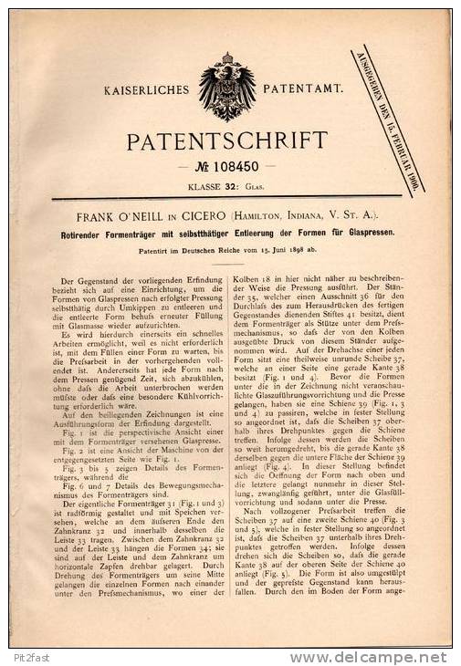 Original Patentschrift - F. O`neill In Cicero , Indiana , 1898 , Glaspresse , Glas , Presse !!! - Máquinas