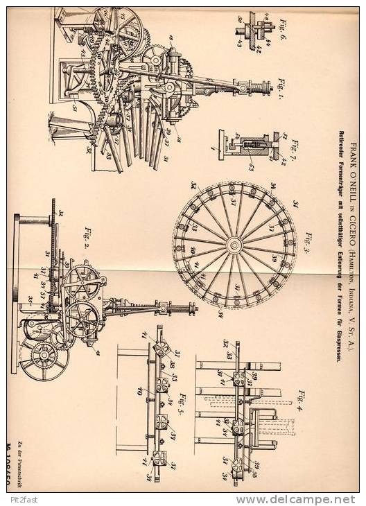 Original Patentschrift - F. O`neill In Cicero , Indiana , 1898 , Glaspresse , Glas , Presse !!! - Tools