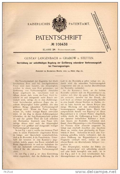 Original Patentschrift - G. Langenbach In Grabow B. Stettin , 1899 , Regelung Für Heizung , Feuerung !!! - Pommern