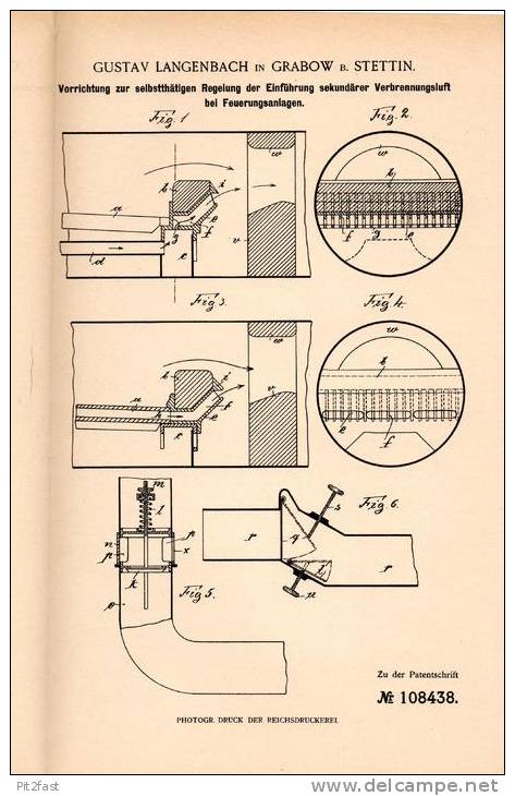 Original Patentschrift - G. Langenbach In Grabow B. Stettin , 1899 , Regelung Für Heizung , Feuerung !!! - Pommern