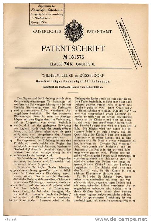 Original Patentschrift - Tachometer , Tacho , 1906 , W. Leuze In Düsseldorf , Geschwindigkeitsanzeiger , Automobile !!! - Cars