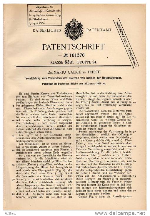 Original Patentschrift - Dr. Calice In Triest , 1906 , Gleitverhinderung Von Riemen Für Motorfahrräder , Motorrad !!! - Motos