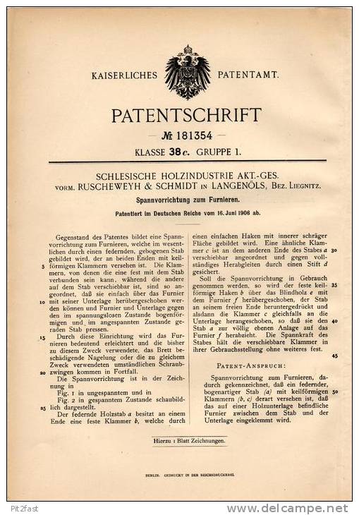 Original Patentschrift - Schles. Holzindustrie AG In Langenöls , Bez. Liegnitz , 1906 , Furnieren Von Holz , Tischler ! - Documents Historiques