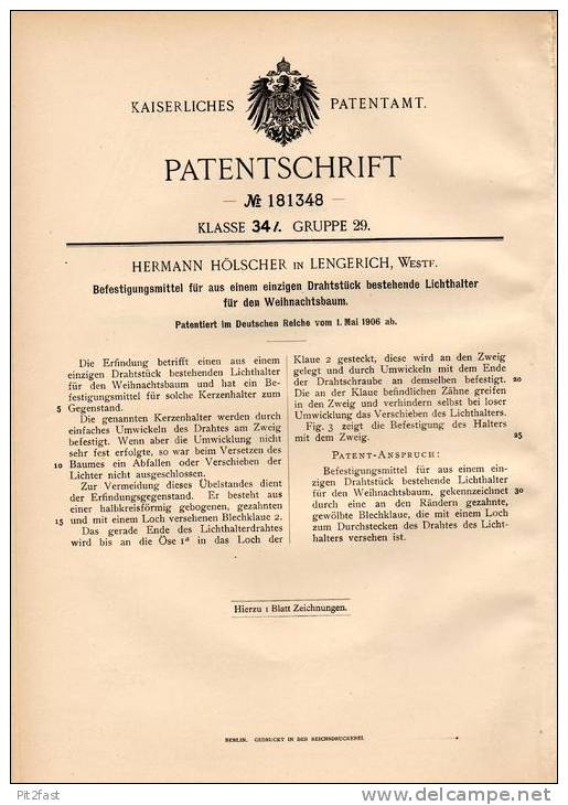 Original Patentschrift - H. Hölscher In Lengerich , Westf., 1906 , Lichthalter Für Weihnachtsbaum , Christbaum !!! - Kerzen